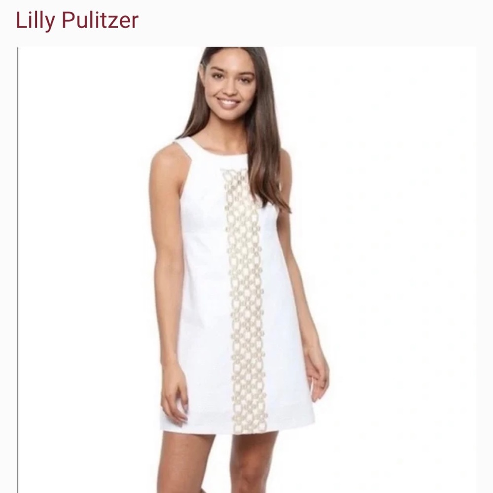 Lilly Pulitzer Jacqueline shift dress, resort white, gold overlay details size 6